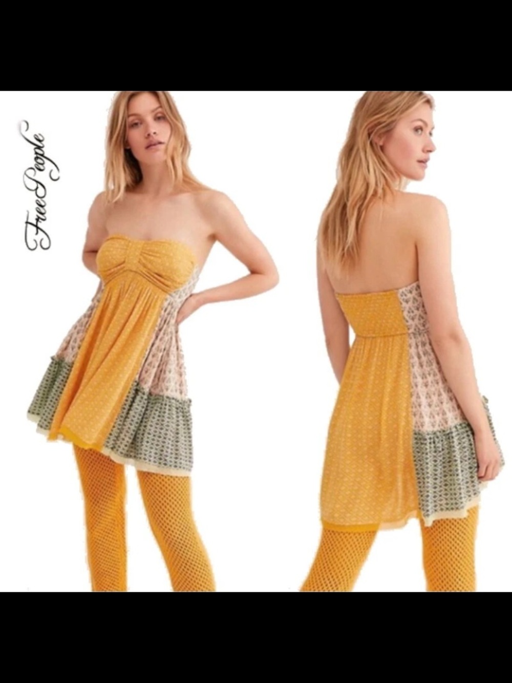 Free People Yellow Strapless Patchwork Tiered Sundress